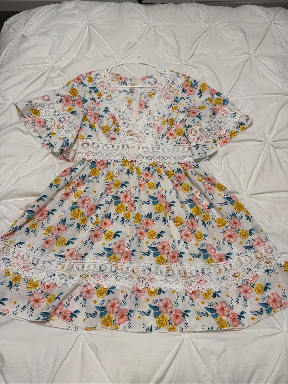 White Floral Lace V-Neck Dress with Pink & Yellow Roses